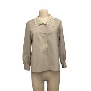 Vintage Beige Blouse With Lace Peter Pan Collar Long Sleeves